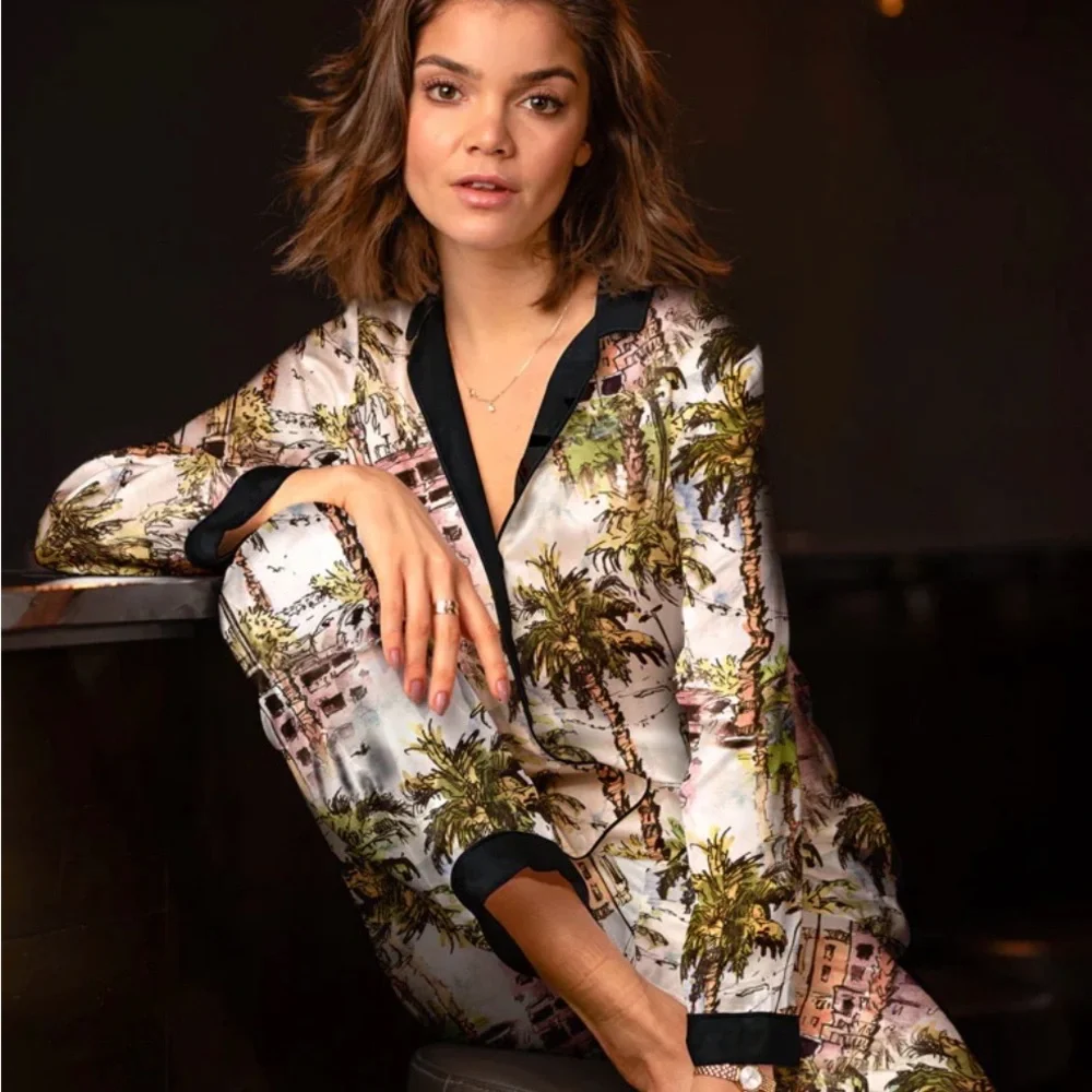 Averie Valencia Palm Print Pajama Set Saks XXL Satin - Picture 1 of 9